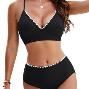 Women's Black Ribbed Bikini Set with Back Criss Cross & White Trim Size Medium